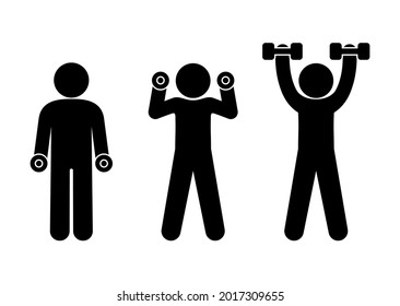 set of icons athlete exercising with dumbbells isolated pictograms, stick figure stickman