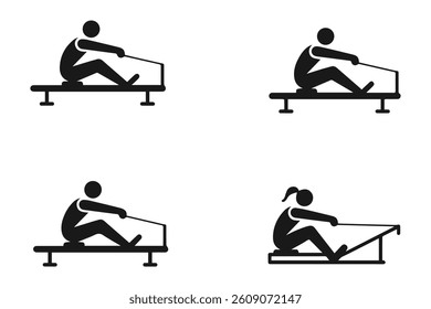 A set of icons of athletes training on rowing machines using oars. The icons are simple and vector-based, designed for web use. There are four icons in the set. Each icon is placed on a white backgrou