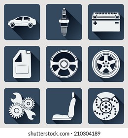Set of icons auto parts. Flat design with long shadows. Vector illustration.