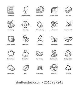 Set icons for automatic dishwashing. The outline icons are well scalable and editable. Contrasting vector elements are good for different backgrounds. EPS10.