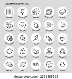 Set icons for automatic dishwashing. The outline icons are well scalable and editable. Contrasting vector elements are good for different backgrounds. EPS10.