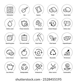 Set icons for automatic dishwashing. The outline icons are well scalable and editable. Contrasting vector elements are good for different backgrounds. EPS10.	