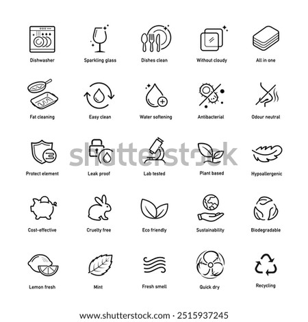 Set icons for automatic dishwashing. The outline icons are well scalable and editable. Contrasting vector elements are good for different backgrounds. EPS10.