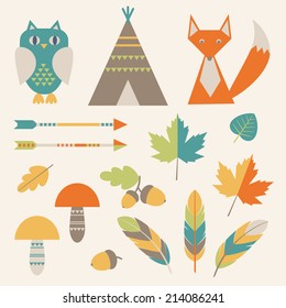 Set of icons: autumn forest and native american symbols (owl, fox, feathers, mushrooms, fallen leaves, acorns, teepee tent). Vector illustration. 