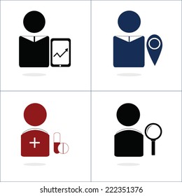 Set of icons / avatars describing the professions (medical, analyst) and actions (search, push)