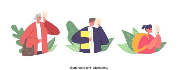 Set of Icons or Avatars Male and Female Characters Hiding Faces Behind Masks With Positive Emotions. Sad Man, Senior Woman and Little Girl Disguising Real Feelings. Cartoon People Vector Illustration