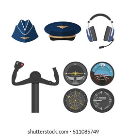 Set of icons of aviation in a flat style. Objects pilots and stewardess. Aircraft items. Vector illustration.