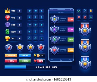 Set of icons and awards for mobile game. space icons and buttons on dark isolated background.For game, user interface, banner, application, interface, slots, game development. 
