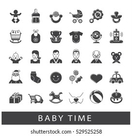 Set of icons for baby care, feeding and play. First year of parenting. Collection of baby time icons. Accessories for newborn in the family. Love, care, family life. 