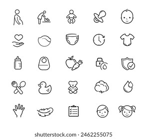 Set icons for baby care products. The outline icons are well scalable and editable. Contrasting vector elements are good for different backgrounds. EPS10.