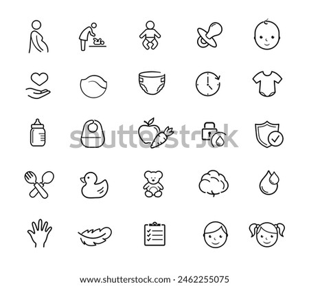 Set icons for baby care products. The outline icons are well scalable and editable. Contrasting vector elements are good for different backgrounds. EPS10.