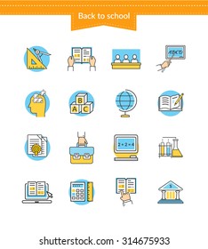 Set of icons back to school. Education symbol, book for college or university, study geometry, reading chemistry, logic training, exam learn, knowledge and learning, teaching science illustration