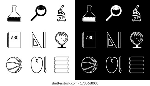 set of icons. Back to school September 1st. School items. Microscope, globe, test tube, magnifier with virus, textbooks, basketball. Black and white vector