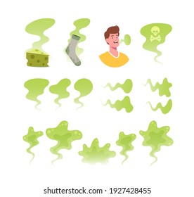 Juego de Iconos Mal Olor Tema. Nubes tóxicas verdes, pavo inestable y trozo de queso, hombre con un desagradable aliento. Diversas formas de nubes, olor a basura, humo o vapor. Ilustración del vector de dibujos animados