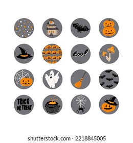 Set of icons and badges for social media highlight with cute halloween symbols. Hand drawn icons with pumpkins, bats, ghost. Stickers, weekly planner. Vector illustration