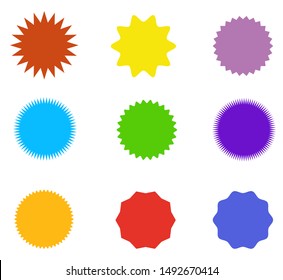 Set of icons badges starburst, sunburst, label, sticker. 9 different types and different shades of blue and purple colors . Design elements. Vector illustration