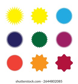 Conjunto de ícones emblemas starburst, sunburst, rótulo, sticker.different tipos e cores Elementos de design. 