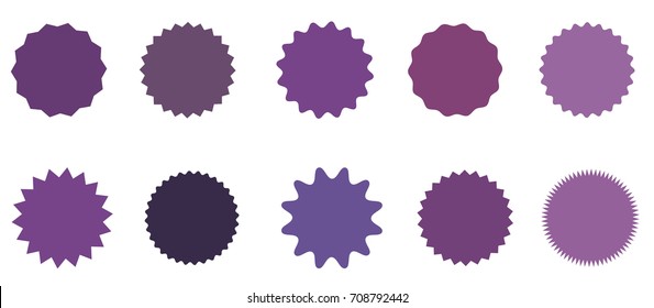 Set of icons badges starburst, sunburst, label, sticker. 10 different shades of purple, lilac, violet. Design elements. Vector illustration Flat style  