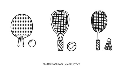 Set of icons of badminton, ping pong table tennis and weightlifting rackets with ball. Hand drawn doodle icons for active sports.