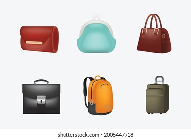 Set of icons of bags and luggage. Various types of bags ranging from elegant, sports, business and travel bags. Office business bag. Vintage leather cases for ladies and men. 