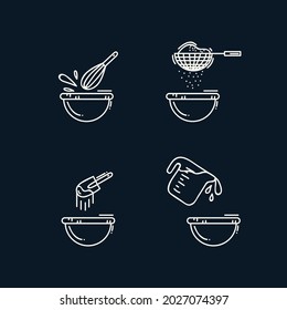 Un conjunto de iconos con ingredientes para cocinar. Lineales con tazones, platos y comida. Una selección de ilustraciones para el diseño web. Ilustración del vector
