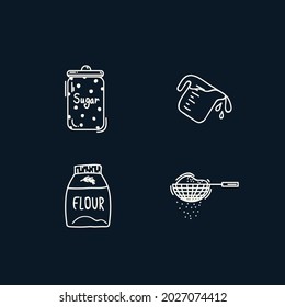 A set of icons with baking ingredients. Linear icons are packs of flour, a sieve, a jar of sugar and a jug of cream. Illustrations for creating a test recipe guide. Vector illustration