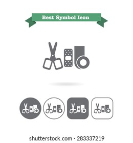 Set of icons with bandaging materials and scissors, with text on green ribbon