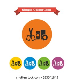 Set of icons with bandaging materials and scissors, with text on red ribbon