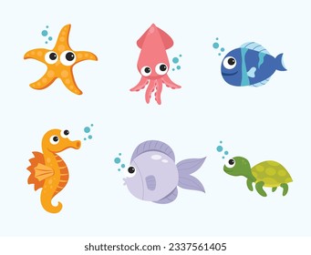 set of icons for banners with the concept of popular color ornamental fish types such as Fish, Dolphins and sharks, octopus, crab, starfish, jellyfish. Tropical coral animal on light blue background.