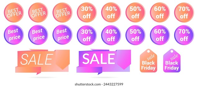 A set of icons and banners on the theme of sales and discounts. Gradient. Discount coupon. Promotion.