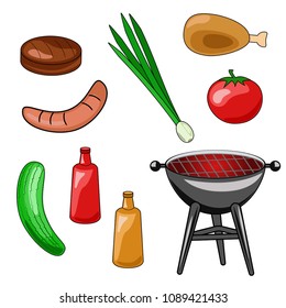 A set of icons of a barbecue. Vector illustration of grilling, sausage, chicken, chop, vegetables, sauces. Flat design.
