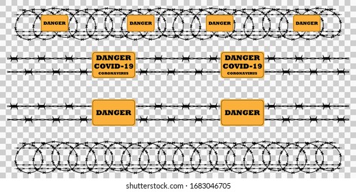 set icons Barbed wire and yellow danger sign isolated transparent background. icon Vector EPS 10