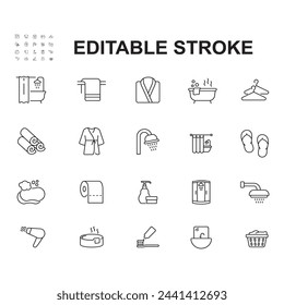 A set of icons for a bathroom. The icons include a toilet, a bathtub, a shower, a sink, a towel, a robe, a dresser.