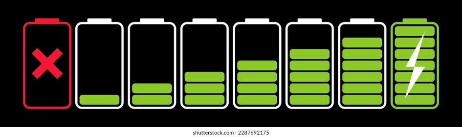 Set icons of battery charge level indicators. Low and full battery. Accumulator sign.