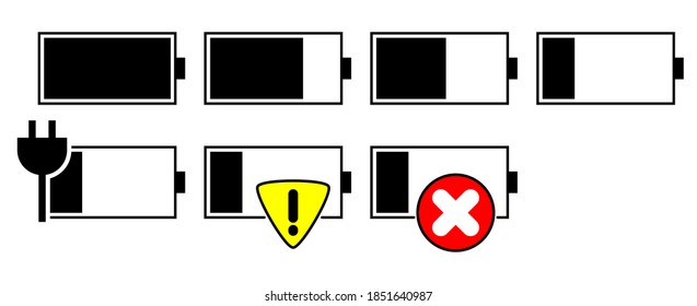 A set of icons of battery. An icon of battery level indicator.