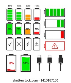 Set of icons of battery indicator and type-c cable isolated on white background. Collection of vector battery icons for interface design of various types of devices.