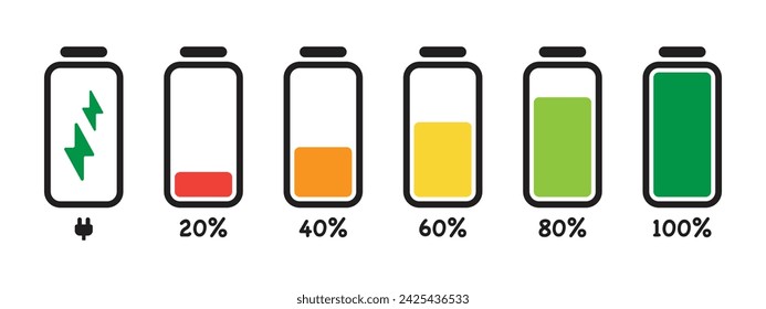 A set of icons battery level indicators, information icons for charging a laptop or phone battery, and a battery charging icon.