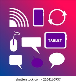 Un conjunto de iconos: batería, smartphone, tablet, reloj, texto en la nube, micrófono, reciclaje, Wi-Fi. Ilustración vectorial simple.