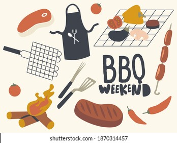 Set of Icons Bbq Theme. Raw and Fried Meat, Chief Apron, Burning Fire and Sausages, Red Chili Pepper, Grid and Turner with Fork, Vegetables on Mesh. Barbecue Food Cooking. Linear Vector Illustration