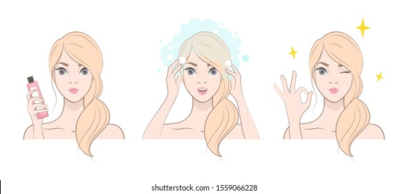 Set of icons. Beautiful blonde girl washes her hair. Image isolated on white background.