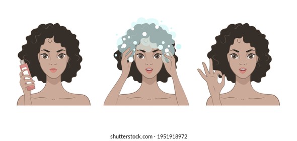 Set of icons. Beautiful Brunette Girl washes her hair. Image isolated on white background.