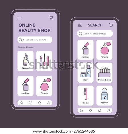 Set of Icons and Beauty App Mockup Set: Cosmetic Store Interface