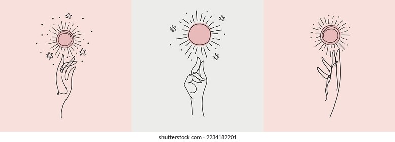 Juego de íconos para salón de belleza, tarot, astrología, concepto de amor propio. с arte de la línea continua, tatuaje de mano y de sol boho. Ilustración aislada del vector.