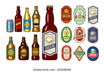 Conjunto de iconos de botellas de cerveza y etiquetarlas