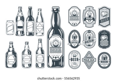 Set of icons beer bottles and label them