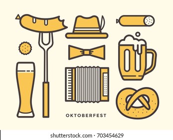 Set icons for beer festival on light background. Object on theme Oktoberfest: beer mug, sausage, pretzel, bavarian hat, accordion.