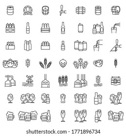 Set icons of beer. Glasses of beer, hops, malt, bottles, cans and barrels of outline. Vector illustration isolated on a white background for design and web.