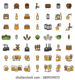 Fijar iconos de la cerveza. Gafas de cerveza, lúpulo, malta, botellas, latas y barriles de contorno. Ilustración vectorial aislada en un fondo blanco para el diseño y la web.