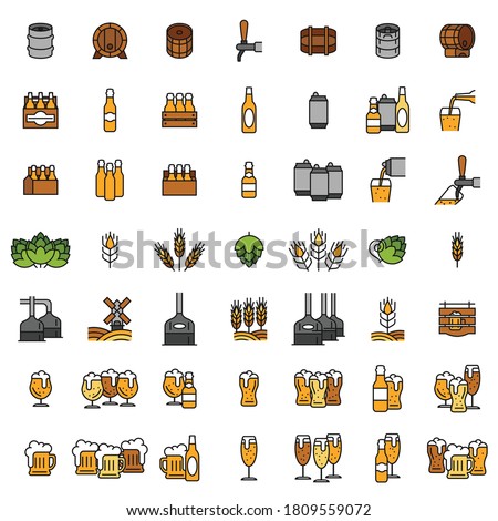 Set icons of beer. Glasses of beer, hops, malt, bottles, cans and barrels of outline. Vector illustration isolated on a white background for design and web.