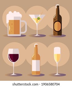 set icons with beer martini beer bottle wine glass drinks vector illustration